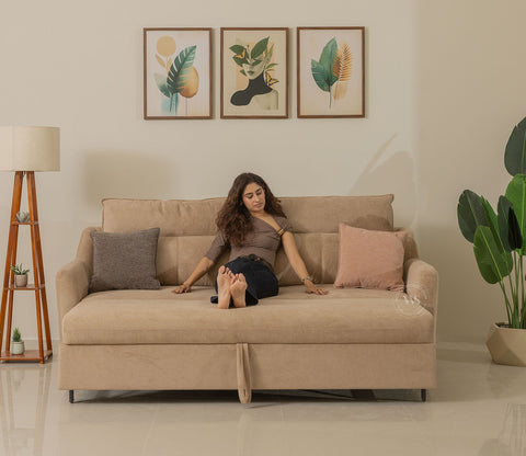 Tevo 3-Seater Sofa Cum Bed | Pull-Out Bed Mechanism | Fabric Upholstery (Beige)