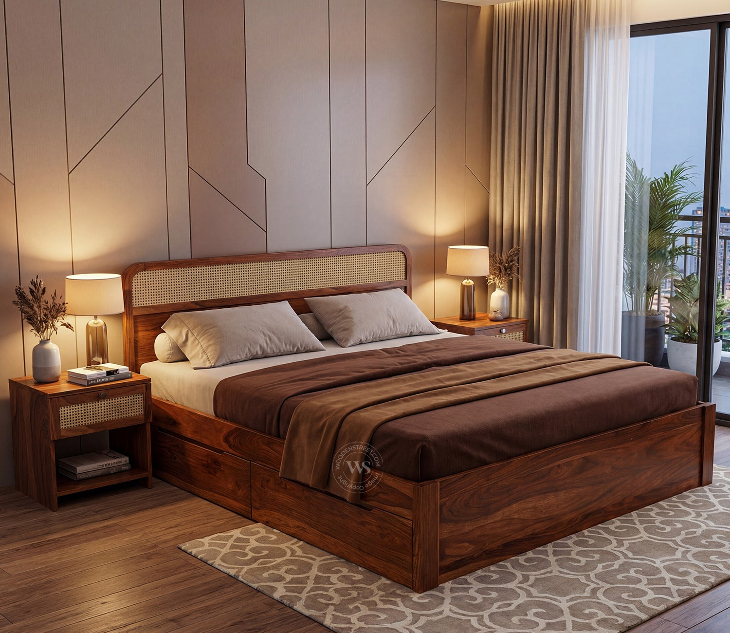 Balikos Sheesham Wood Bed with Drawer Storage and Cane Detailing (King Size, Teak Finish)