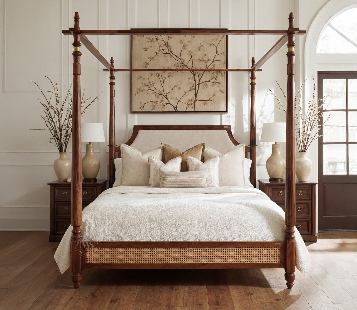 Samrat Sheesham Wood and Cane Upholstered Poster Bed Without Storage (King Size, Jade Ivory)