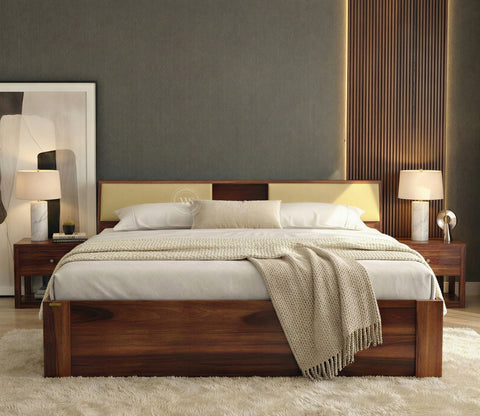 Walken Sheesham Wood Bed with Full Drawer Storage (Queen Size, Honey Finish)