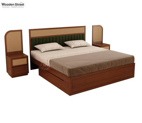 Serah Premium Ash Wood Bed with Cane & Velvet Headboard, Drawer Storage & 2 Modular Bedside Tables (King Size, Teak Finish)