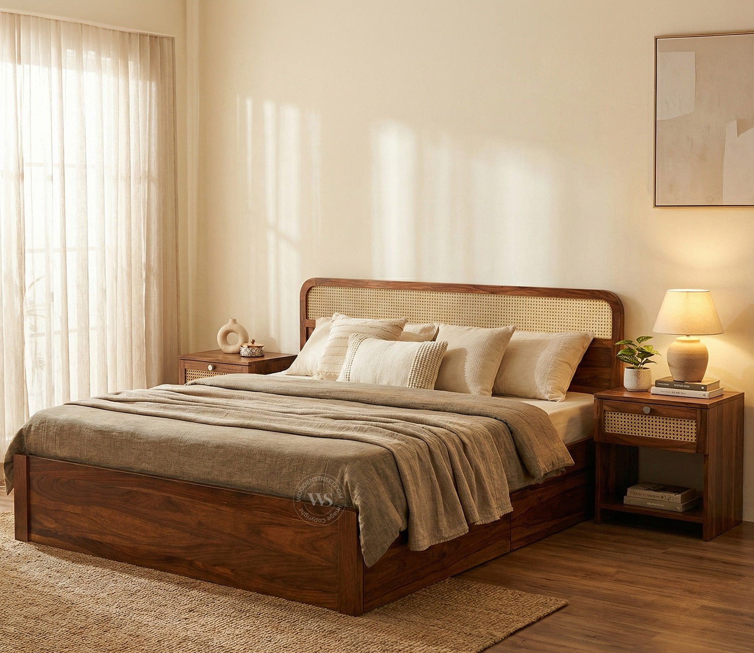 Balikos Sheesham Wood Bed with Drawer Storage and Cane Detailing (King Size, Teak Finish)