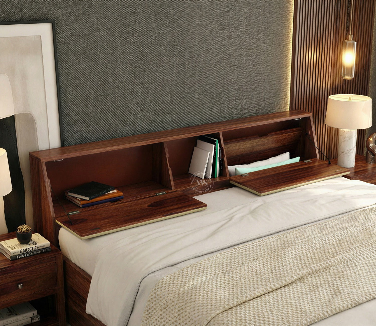 Walken Sheesham Wood Bed with Full Drawer Storage (Queen Size, Honey Finish)