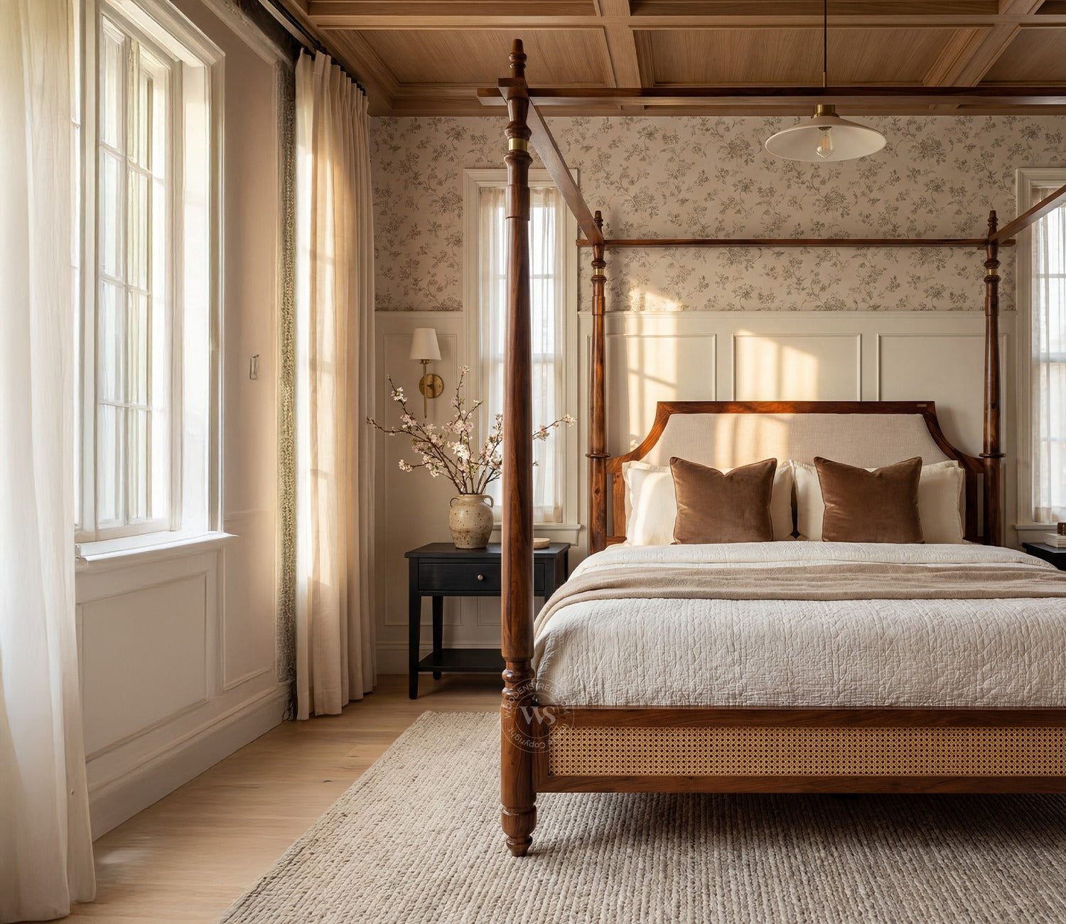 Samrat Sheesham Wood and Cane Upholstered Poster Bed Without Storage (King Size, Jade Ivory)