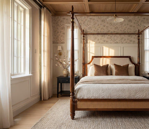 Samrat Sheesham Wood and Cane Upholstered Poster Bed Without Storage (King Size, Jade Ivory)