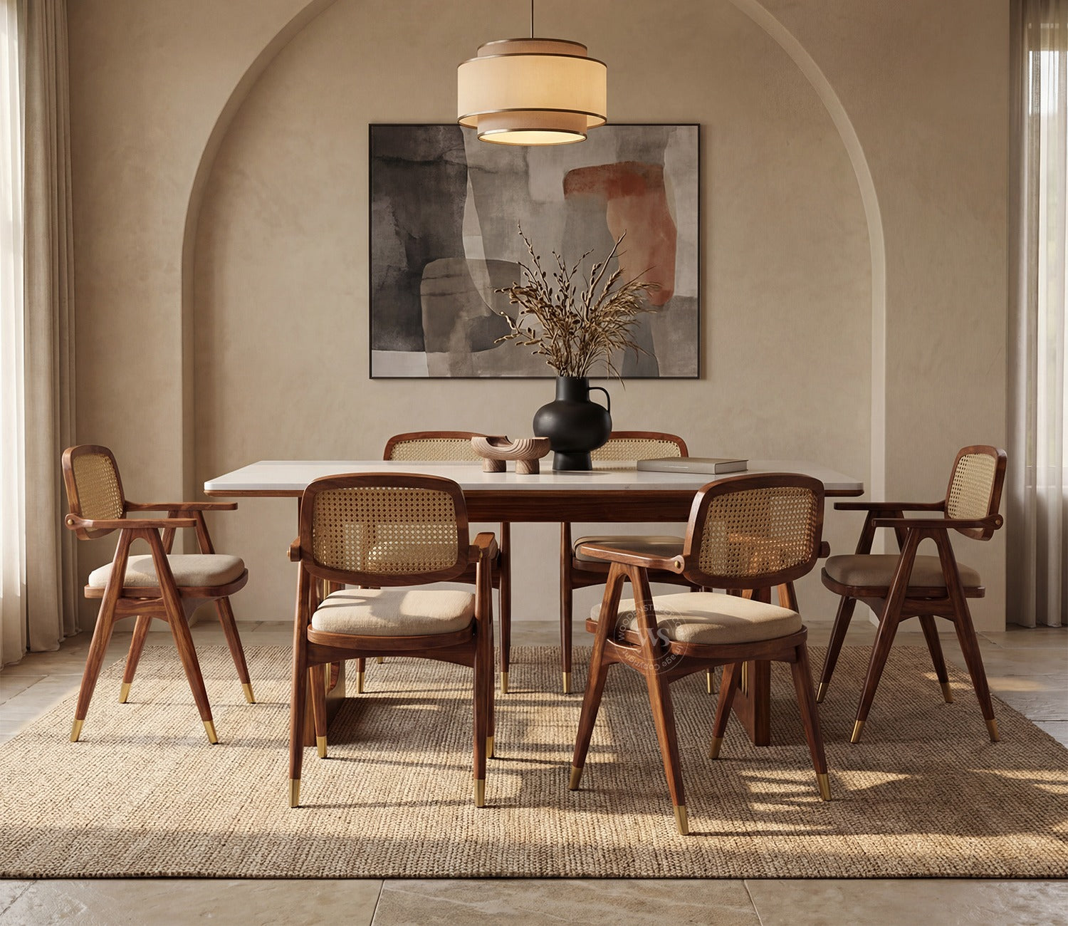 Shriyam Modern 6 Seater Sheesham Wood Dining Set with Mishaan Quartz Top Table and Adira Chair with Cane and Brass Accents (Teak Finish)