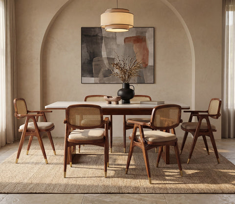 Shriyam Modern 6 Seater Sheesham Wood Dining Set with Mishaan Quartz Top Table and Adira Chair with Cane and Brass Accents (Teak Finish)