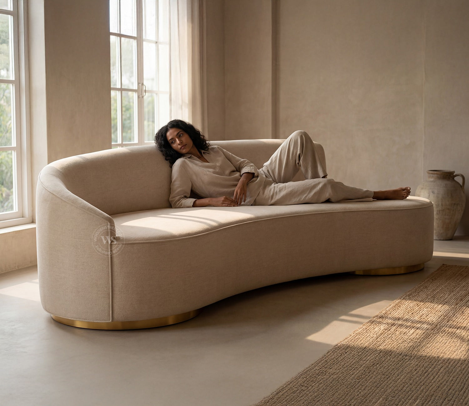 Osbert 3 Seater Curved Sofa (Cotton, Jade Ivory)