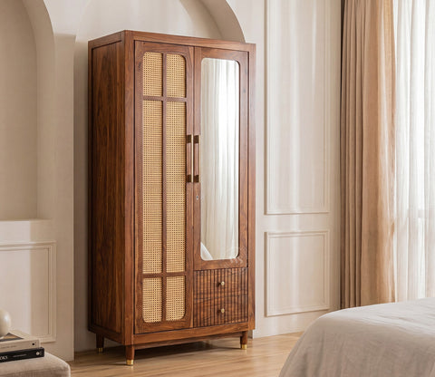 Rida Sheesham Wood Wardrobe with Elegant Cane Detailing and Mirror (Teak Finish)