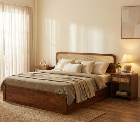 Balikos Sheesham Wood Bed with Drawer Storage and Cane Detailing (Queen Size, Teak Finish)