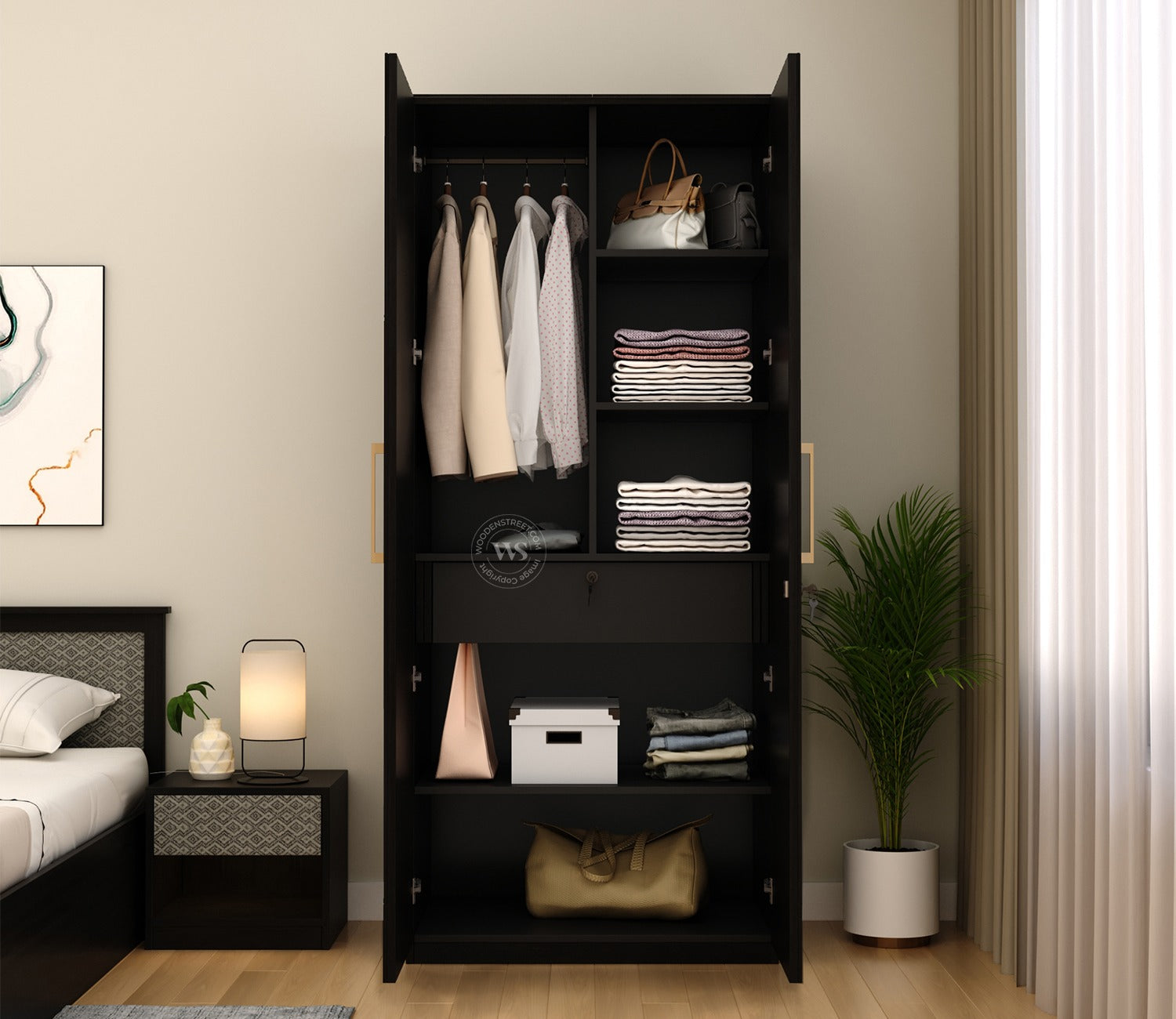 Tactica Engineered Wood Wardrobe with Textured MDF Accented Doors & Drawer Storage (Trellis Pattern)