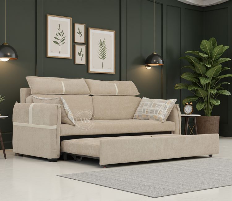 Centrica 3 Seater Premium Fabric Sofa Cum Bed Pull Out Mechanism (Beige)
