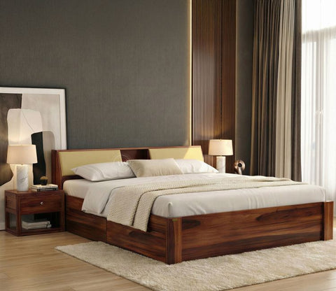 Walken Sheesham Wood Bed with Full Drawer Storage (Queen Size, Honey Finish)