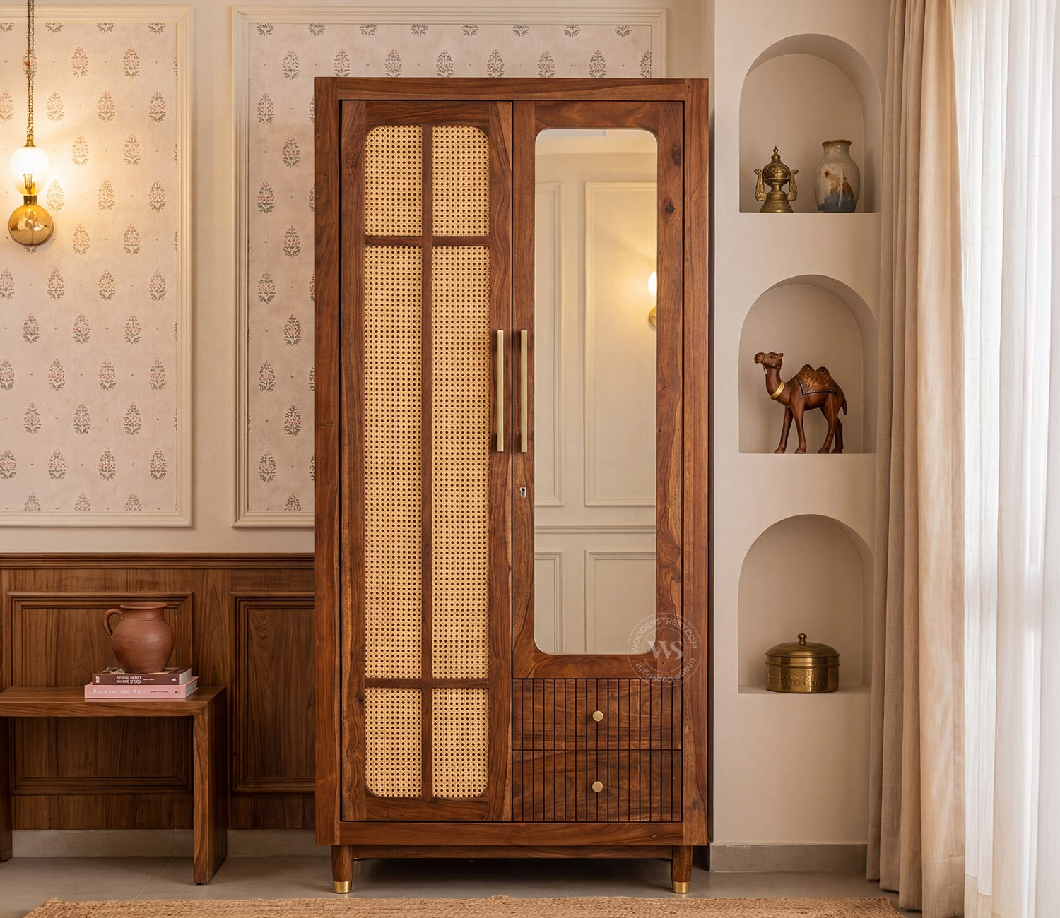 Rida Sheesham Wood Wardrobe with Elegant Cane Detailing and Mirror (Teak Finish)
