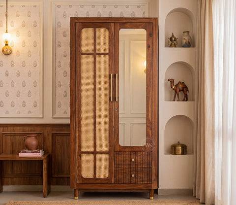Rida Sheesham Wood Wardrobe with Elegant Cane Detailing and Mirror (Teak Finish)