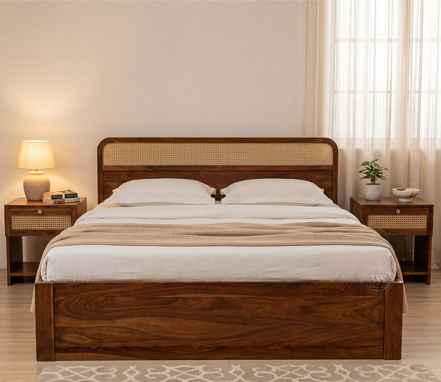 Balikos Sheesham Wood Bed with Drawer Storage and Cane Detailing (Queen Size, Teak Finish)