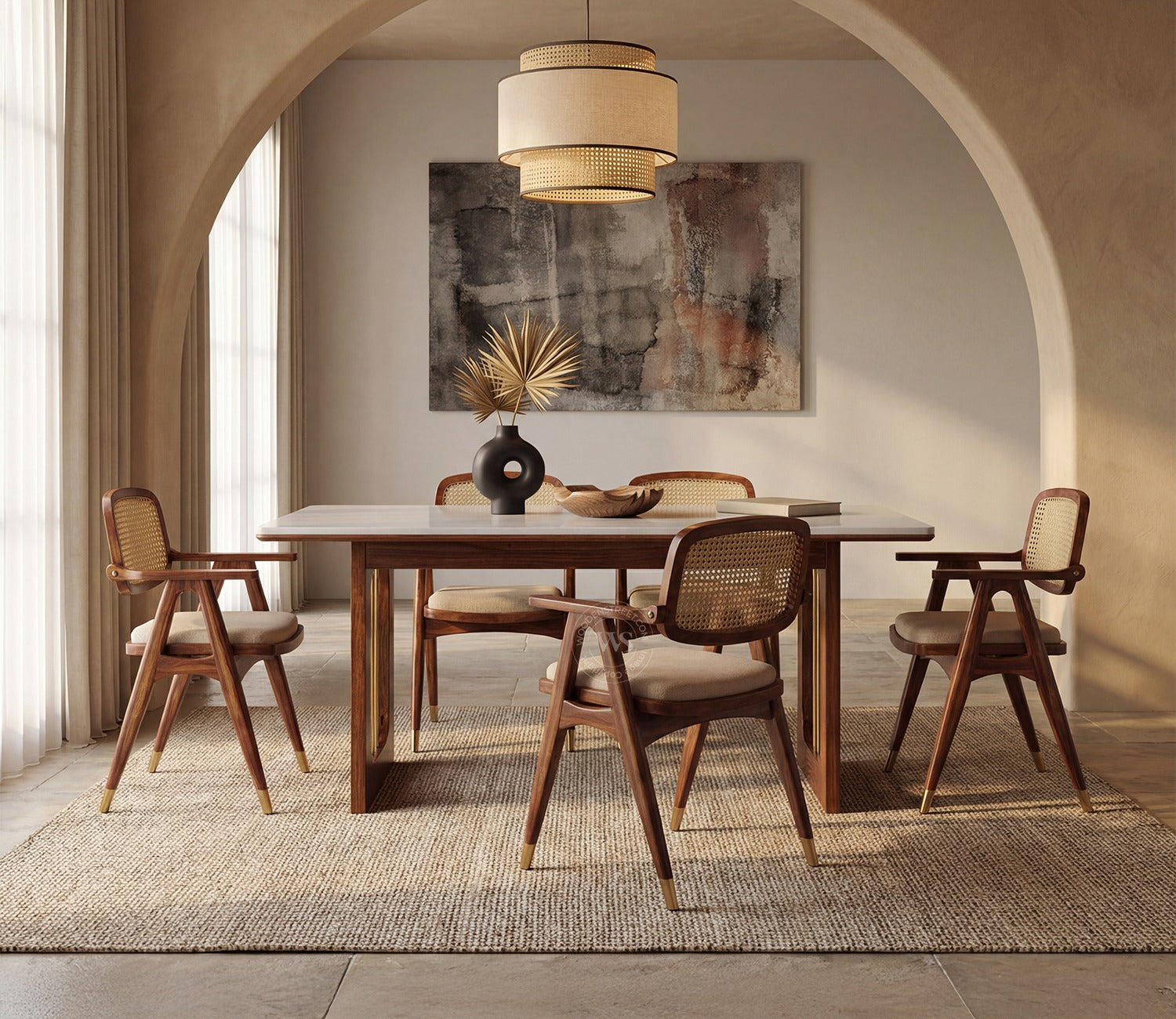Shriyam Modern 6 Seater Sheesham Wood Dining Set with Mishaan Quartz Top Table and Adira Chair with Cane and Brass Accents (Teak Finish)