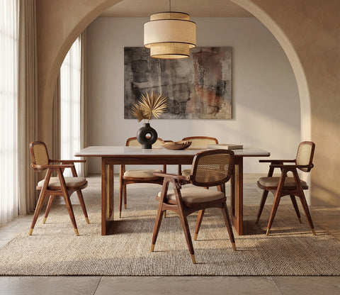 Shriyam Modern 6 Seater Sheesham Wood Dining Set with Mishaan Quartz Top Table and Adira Chair with Cane and Brass Accents (Teak Finish)