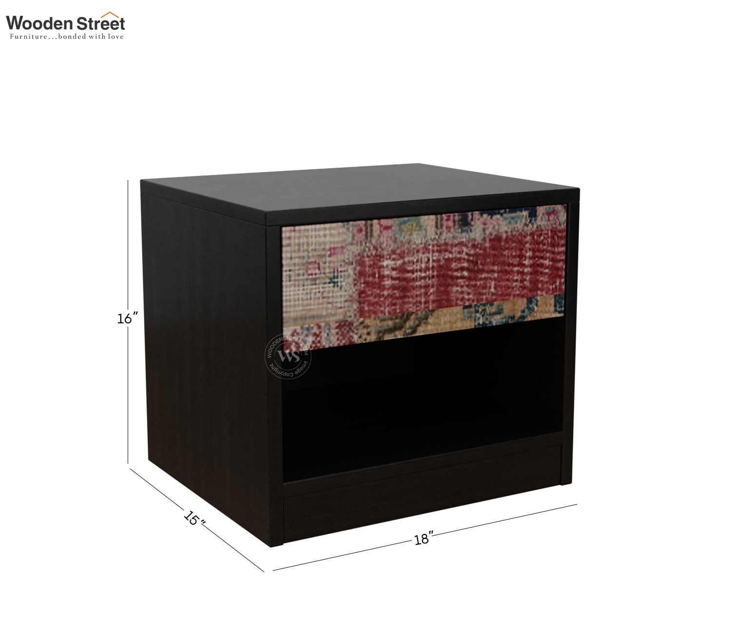 Orren Engineered Wood Bedside Table with Laminated Textured Drawer Front & Open Storage (Patchwork Multi)