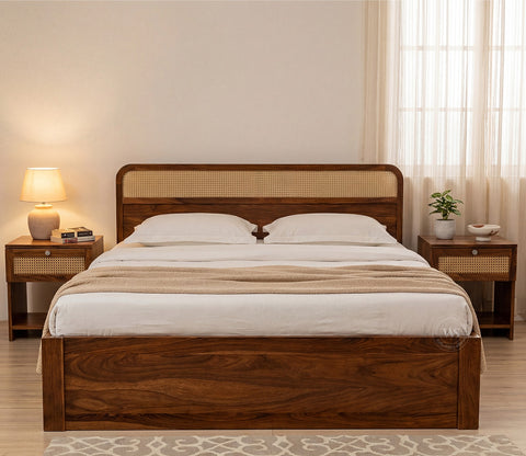 Balikos Sheesham Wood Bed with Drawer Storage and Cane Detailing (King Size, Teak Finish)