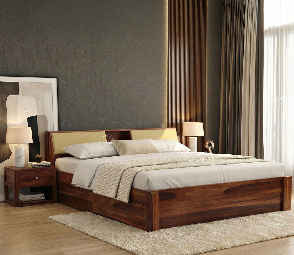 Walken Sheesham Wood Bed with Full Drawer Storage (Queen Size, Honey Finish)