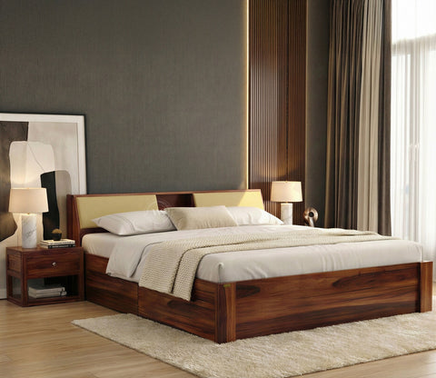 Walken Sheesham Wood Bed with Full Drawer Storage (Queen Size, Honey Finish)