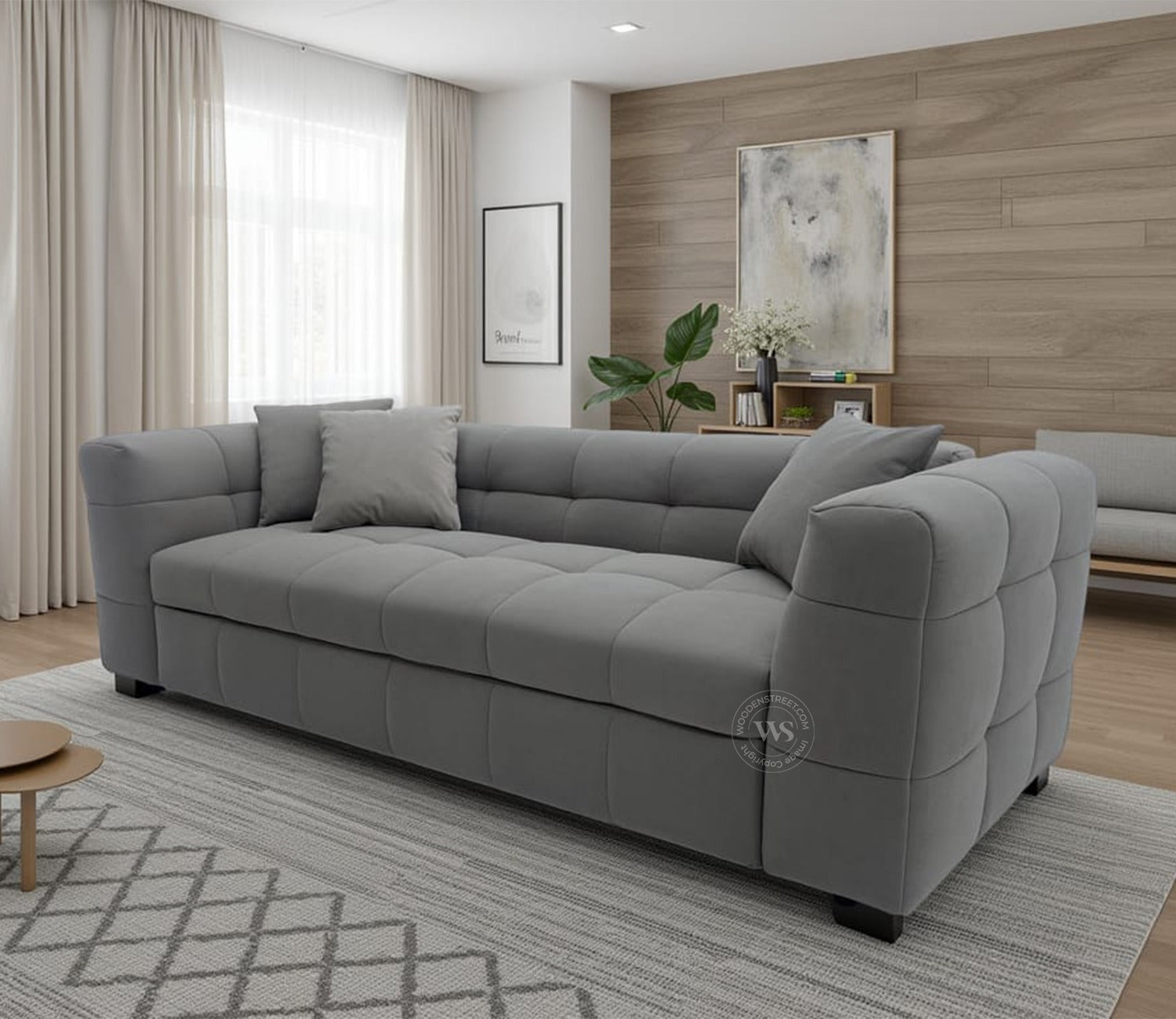 Cinnaro Modern Sofa Cum Bed with Pull Out Conversion and Tufted Design (Grey)