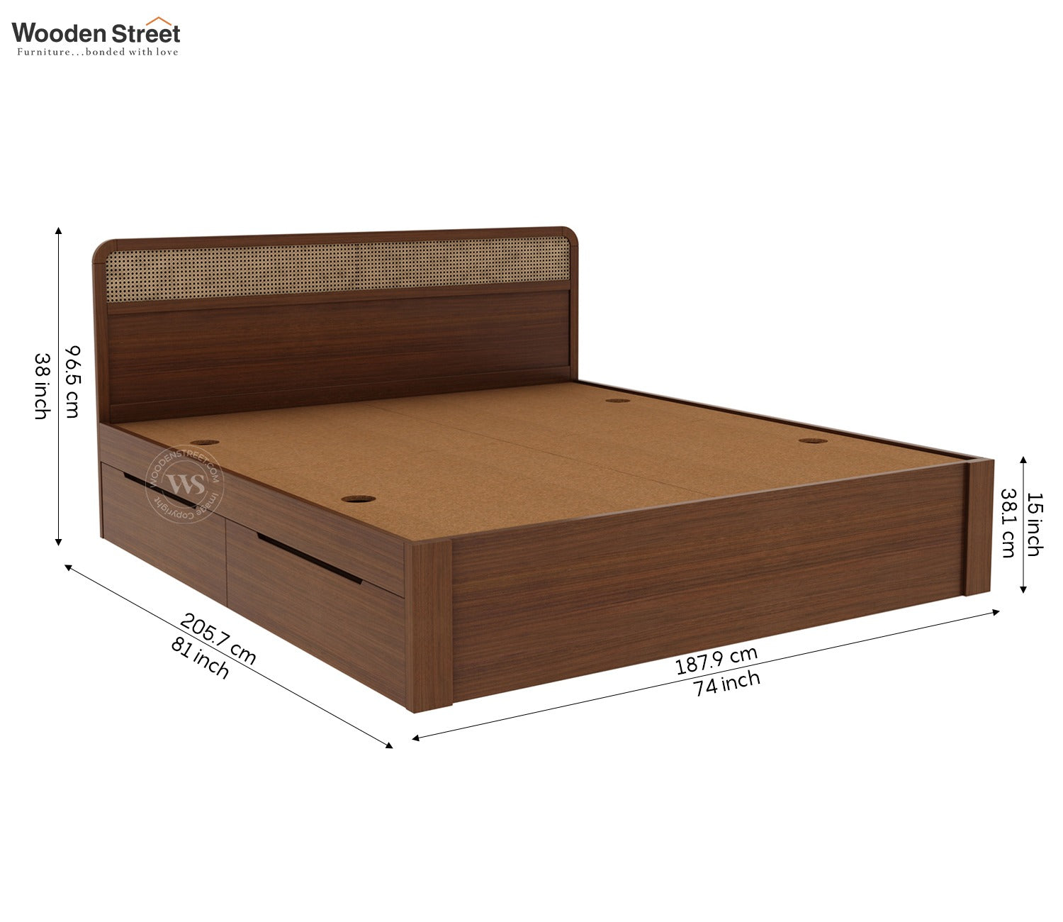Balikos Ash Wood Bed with 4 Drawer Storage and Cane Detailing (King Size, Teak Finish)