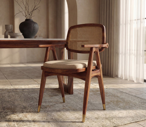 Shriyam Modern 6 Seater Sheesham Wood Dining Set with Mishaan Quartz Top Table and Adira Chair with Cane and Brass Accents (Teak Finish)