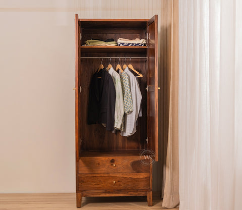 Riwayat Sheesham Wood Wardrobe with Cane & Brass Accent (Teak Finish)