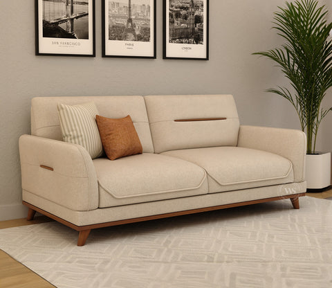 Alvaro 3+1+1 Seater Fabric Sofa with Wooden Accents (Cottage Ivory)