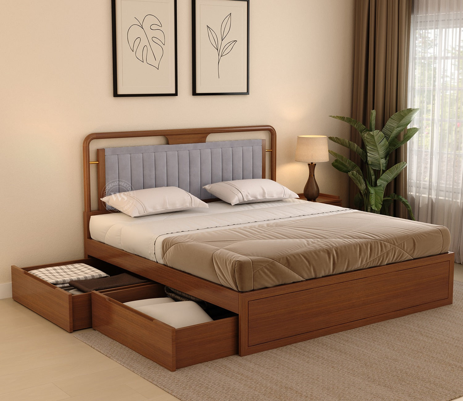 Anvay Ash Wood Bed With Upholstered Headboard and Drawer Storage (King Size, Sand Grey, Teak Finish)