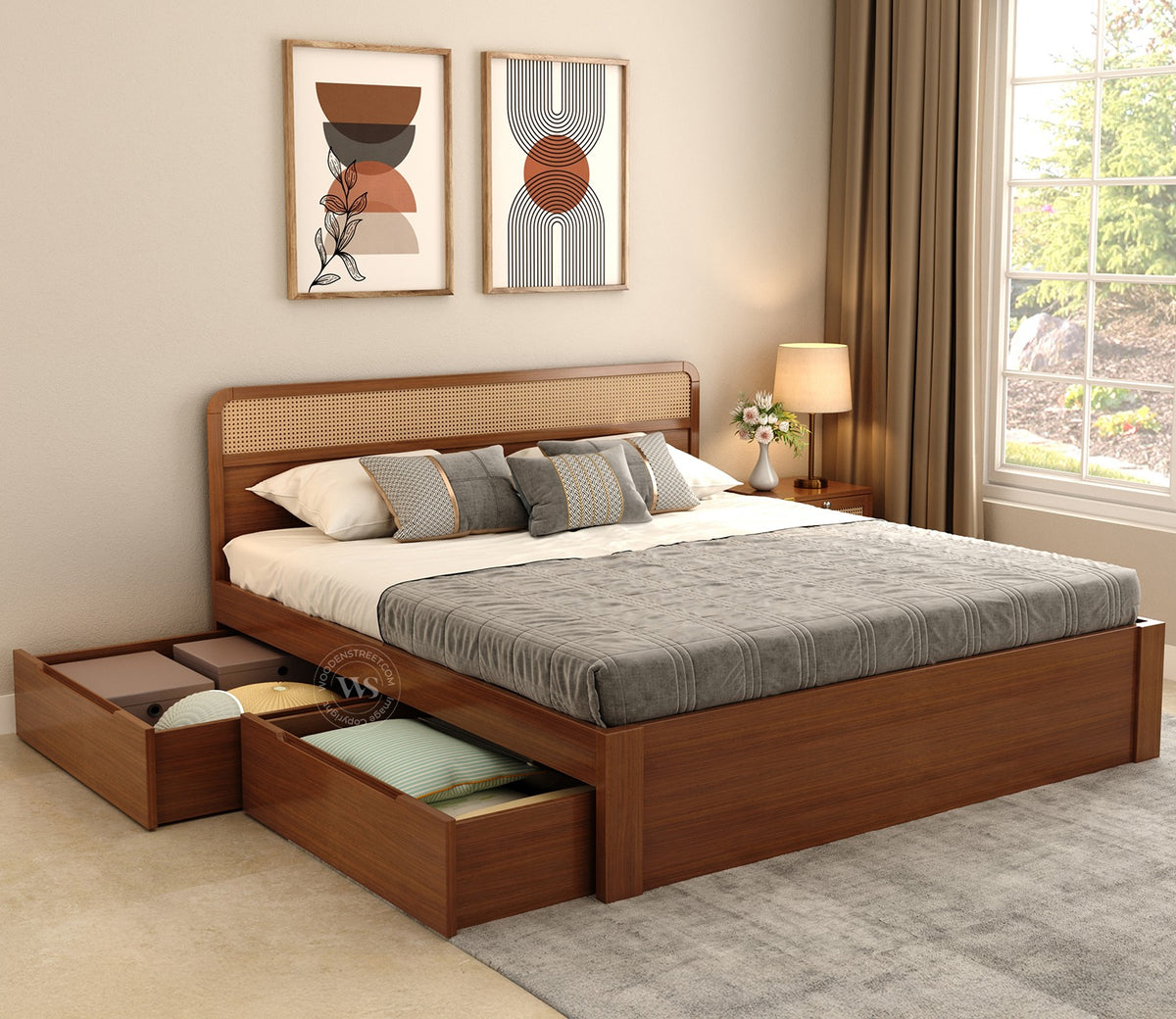 Balikos Ash Wood Bed with 4 Drawer Storage and Cane Detailing (King Size, Teak Finish)