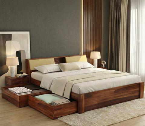 Walken Sheesham Wood Bed with Full Drawer Storage (Queen Size, Honey Finish)