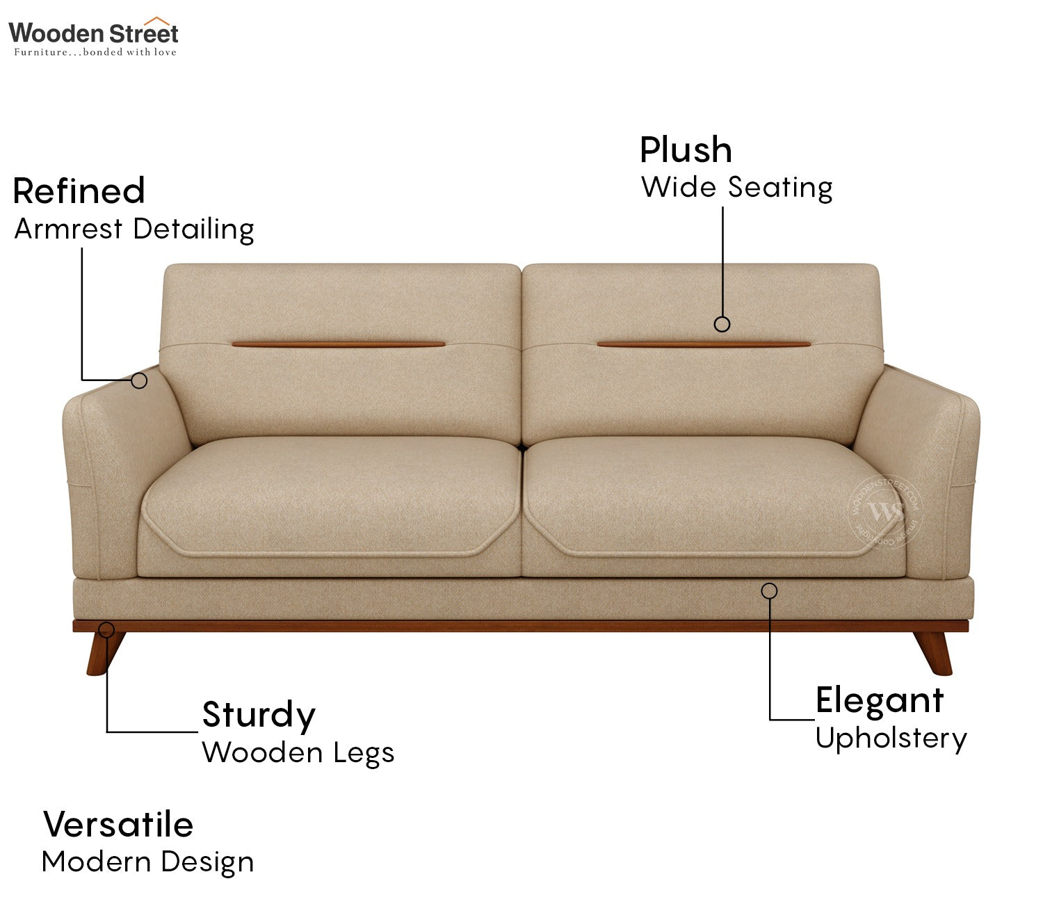Alvaro 3+1+1 Seater Fabric Sofa with Wooden Accents (Cottage Ivory)