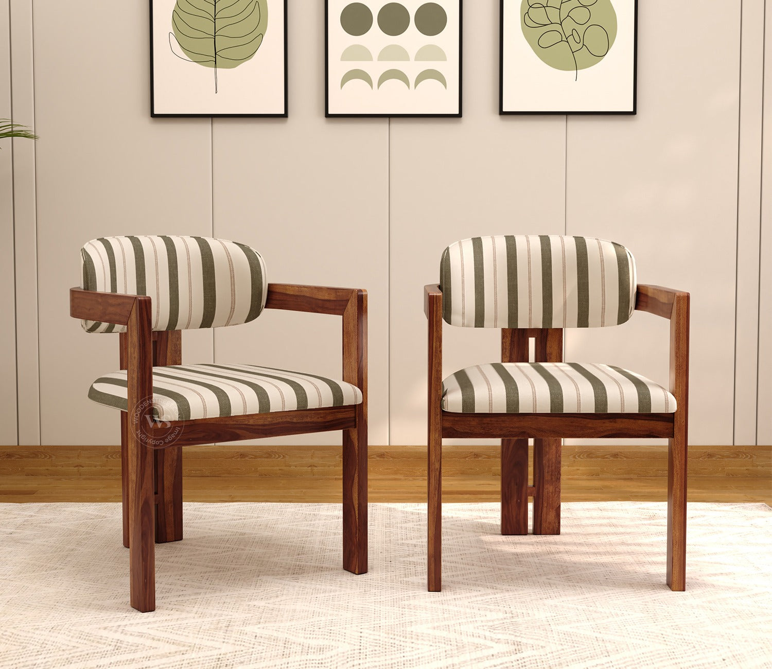 Kaaya Sheesham Wood Arm Chair With Premium Upholstery (Green Stripes, Teak Finish)