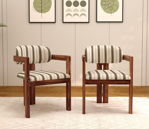 Kaaya Sheesham Wood Arm Chair With Premium Upholstery (Green Stripes, Teak Finish)