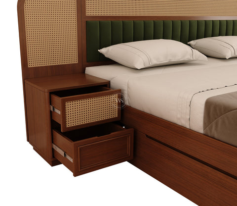 Serah Premium Ash Wood Bed with Cane & Velvet Headboard, Drawer Storage & 2 Modular Bedside Tables (King Size, Teak Finish)