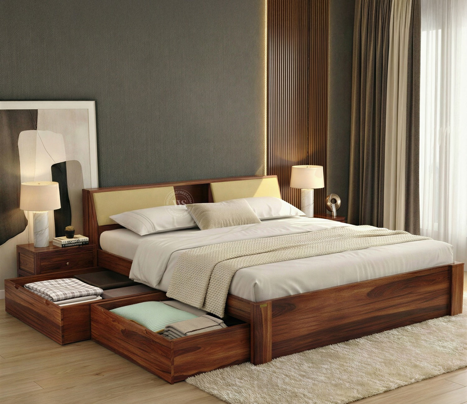 Walken Sheesham Wood Bed with Full Drawer Storage (King Size, Honey Finish)