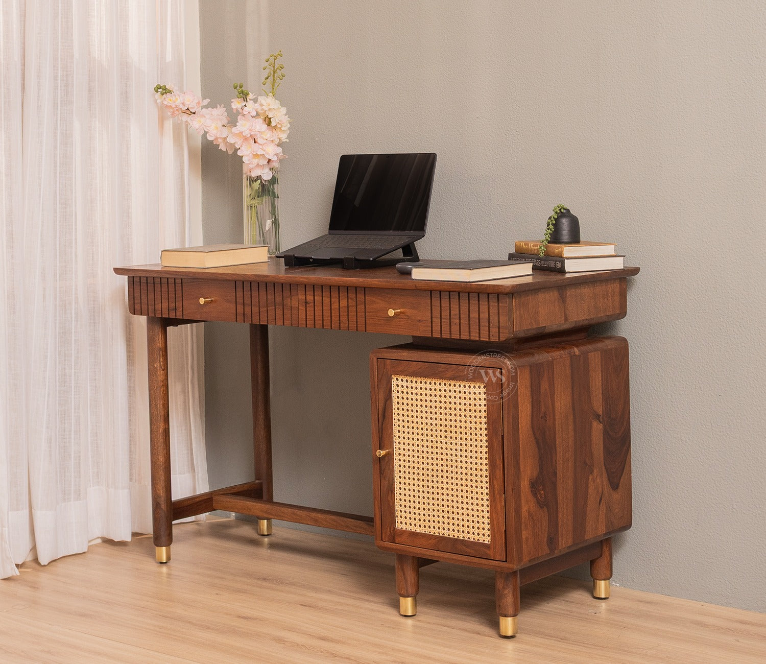 Kalam Modern Designer Sheesham Wood Study Table with Cane Accents & Drawer Storage (Teak Finish)