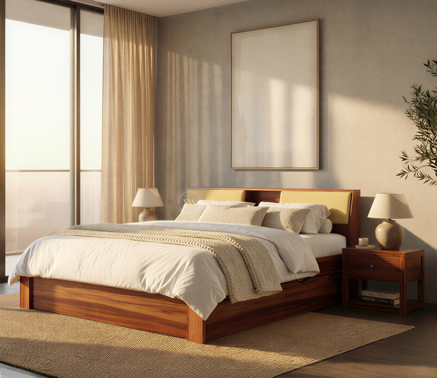 Walken Sheesham Wood Bed with Full Drawer Storage (Queen Size, Honey Finish)