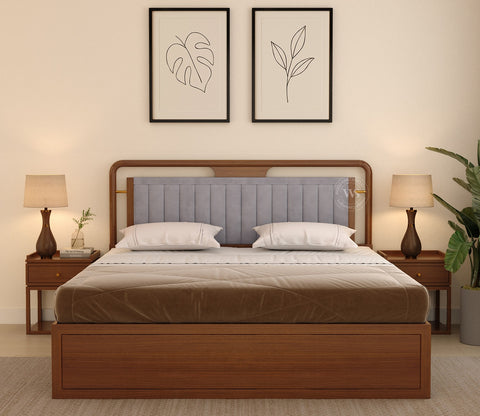 Anvay Ash Wood Bed With Upholstered Headboard and Drawer Storage (King Size, Sand Grey, Teak Finish)