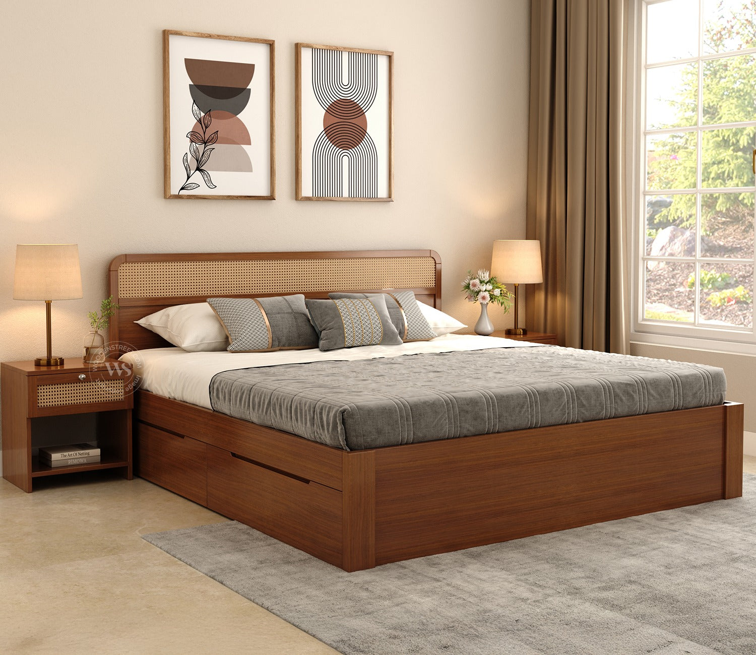 Balikos Ash Wood Bed with 4 Drawer Storage and Cane Detailing (King Size, Teak Finish)