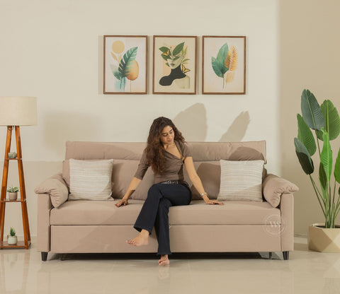 Tevo 3-Seater Sofa Cum Bed | Pull-Out Bed Mechanism | Fabric Upholstery (Beige)