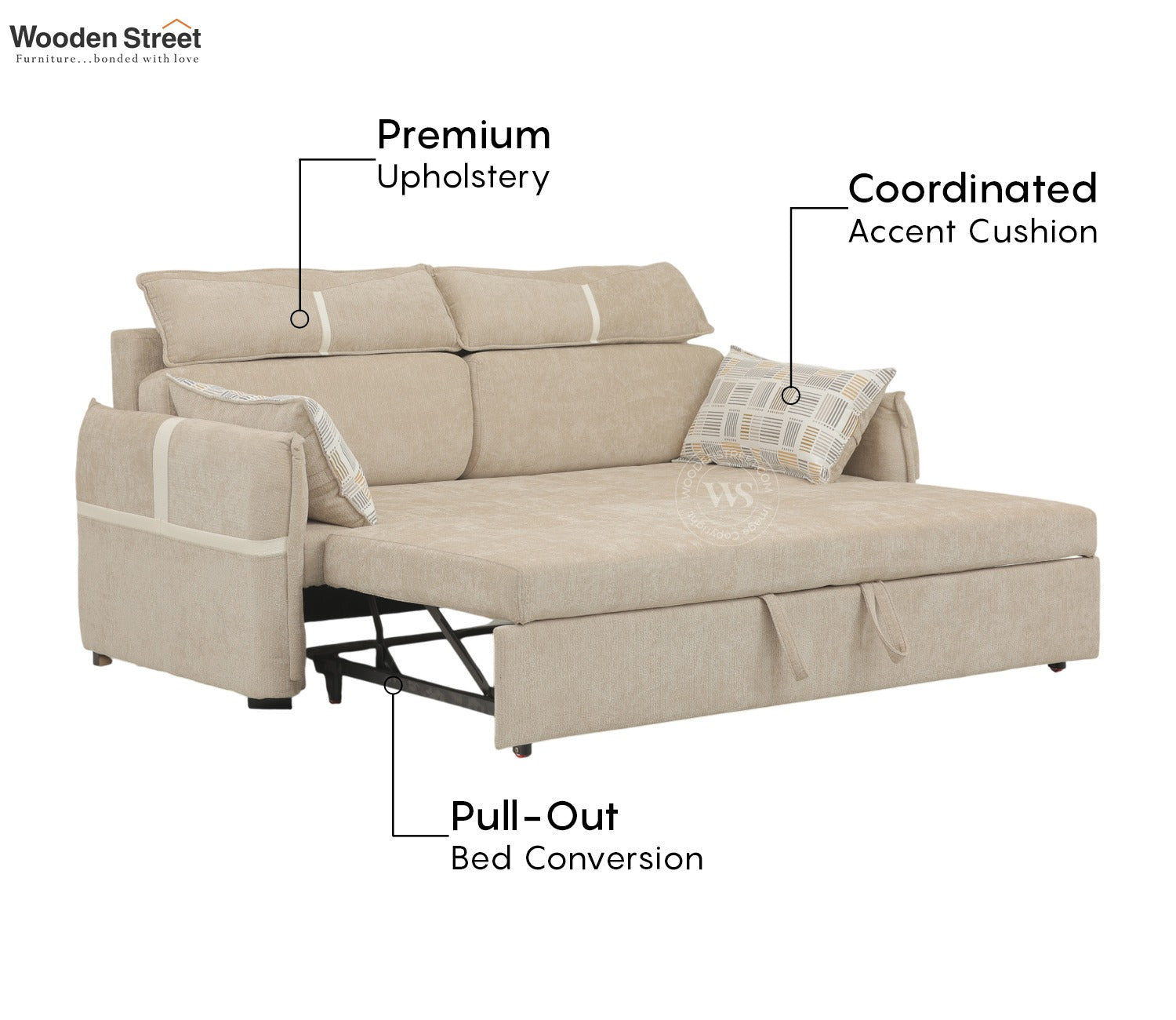 Centrica 3 Seater Premium Fabric Sofa Cum Bed Pull Out Mechanism (Beige)