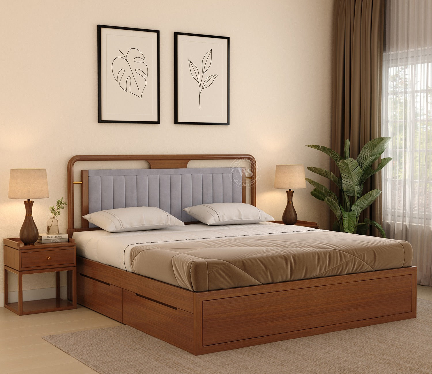Anvay Ash Wood Bed With Upholstered Headboard and Drawer Storage (King Size, Sand Grey, Teak Finish)