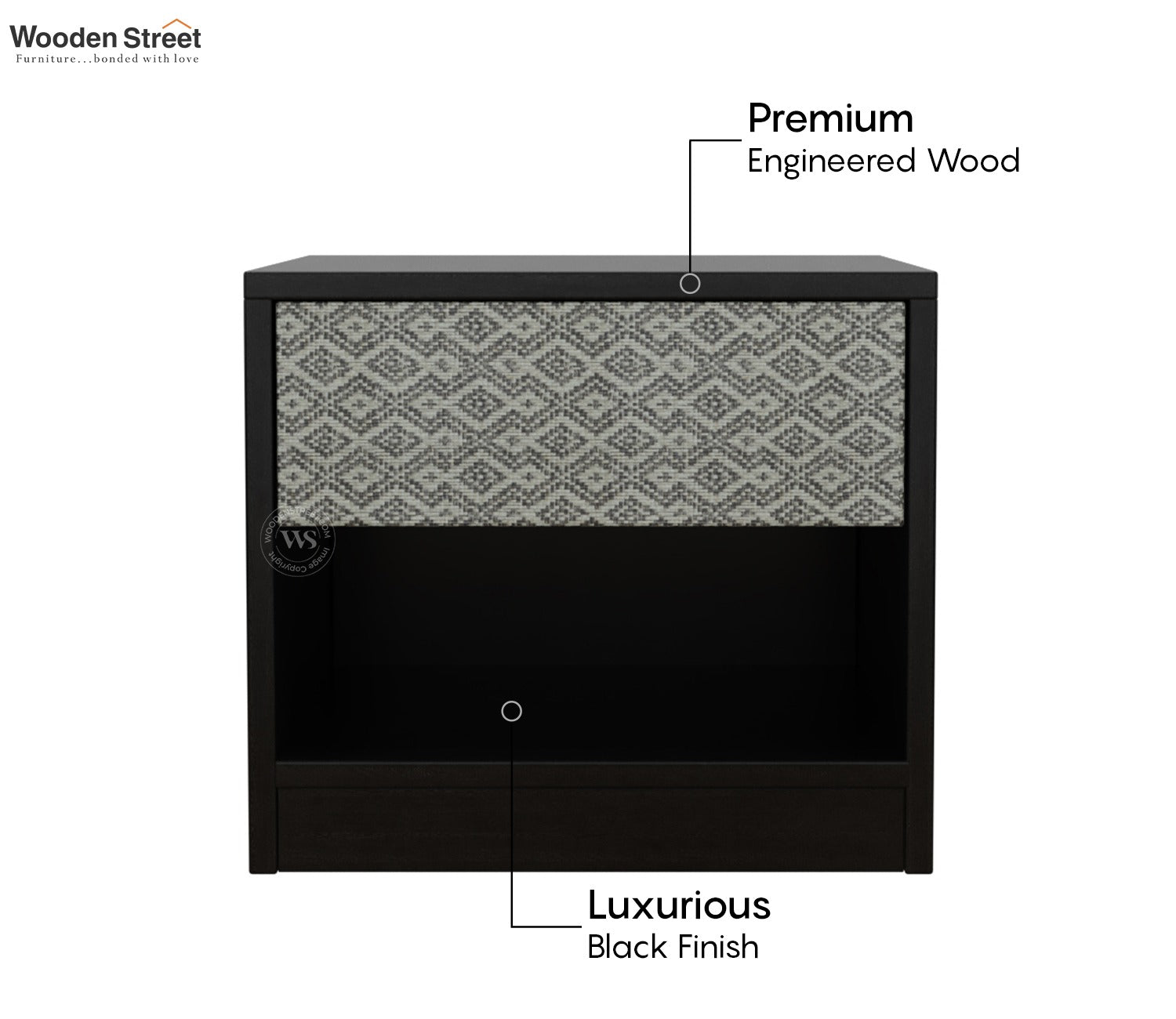 Orren Engineered Wood Bedside Table with Laminated Textured Drawer Front & Open Storage (Trellis Pattern)