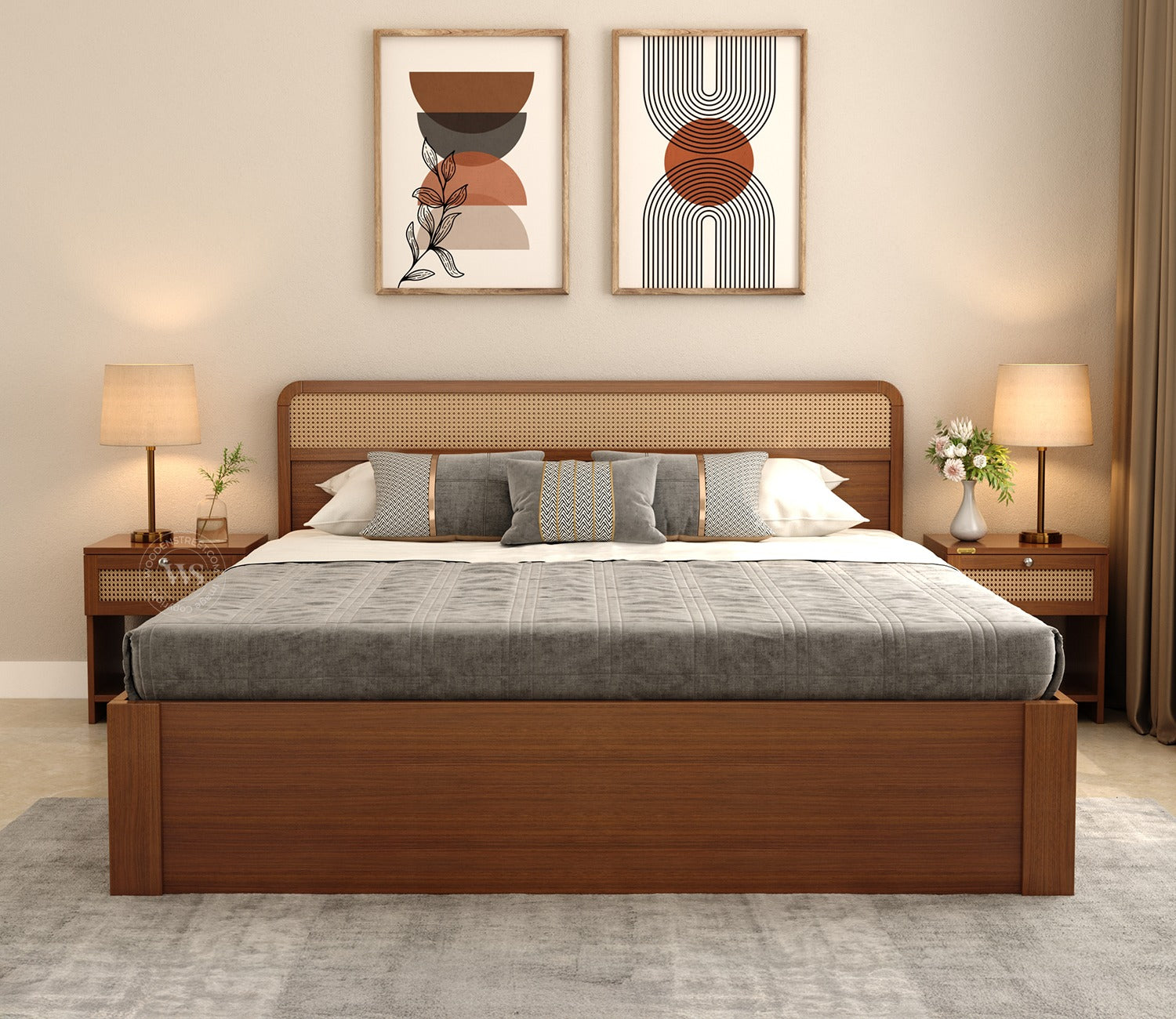 Balikos Ash Wood Bed with 4 Drawer Storage and Cane Detailing (King Size, Teak Finish)