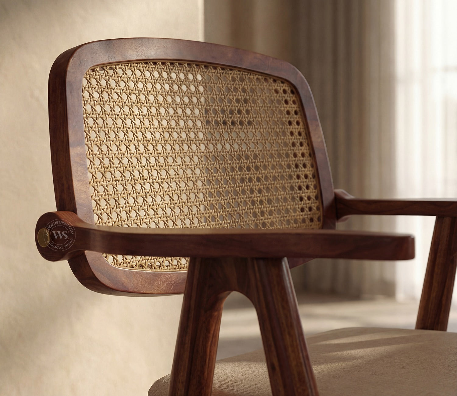 Adira Sheesham Wood Arm Chair with Cane (Jade Ivory, Teak Finish)