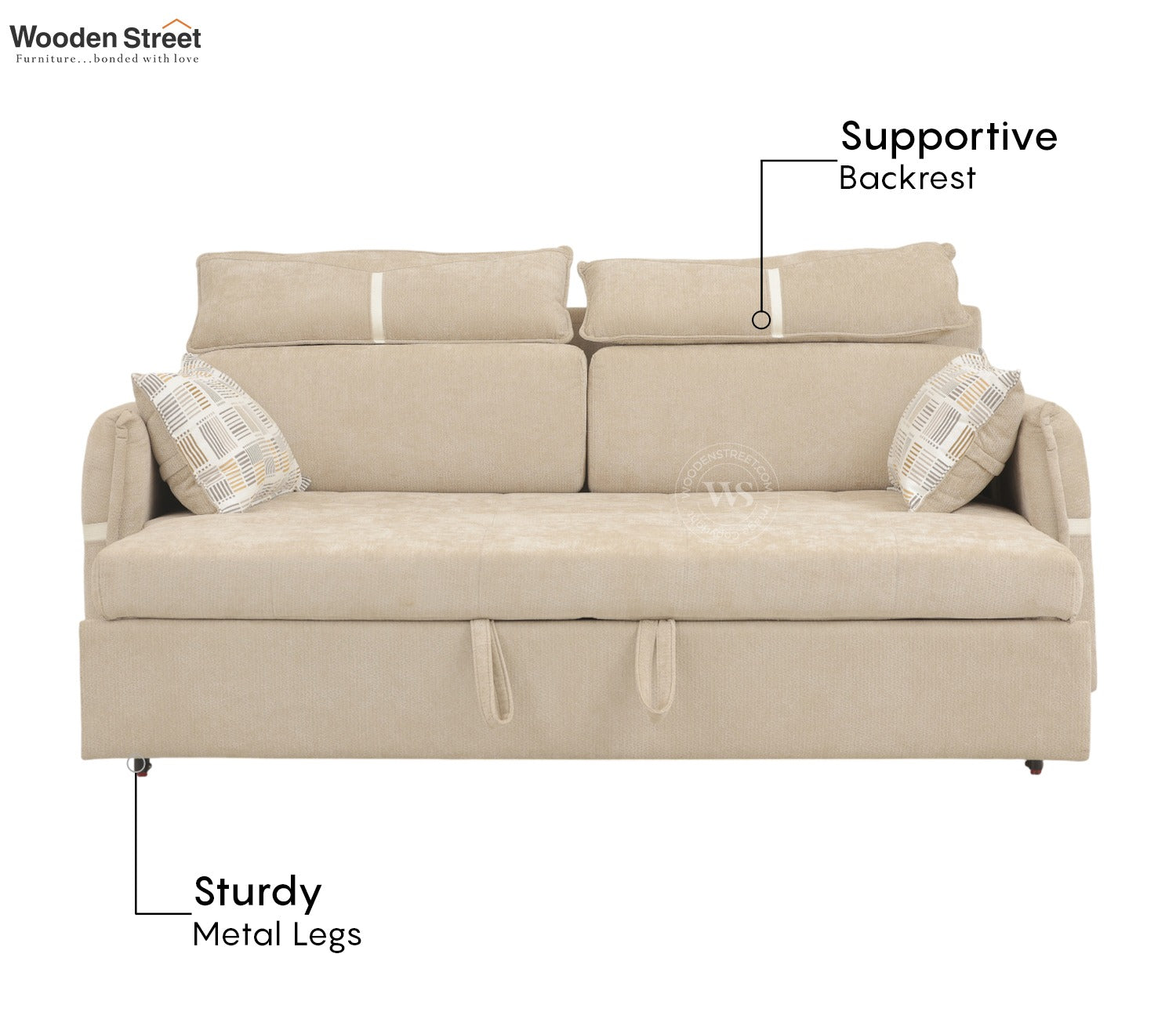 Centrica 3 Seater Premium Fabric Sofa Cum Bed Pull Out Mechanism (Beige)